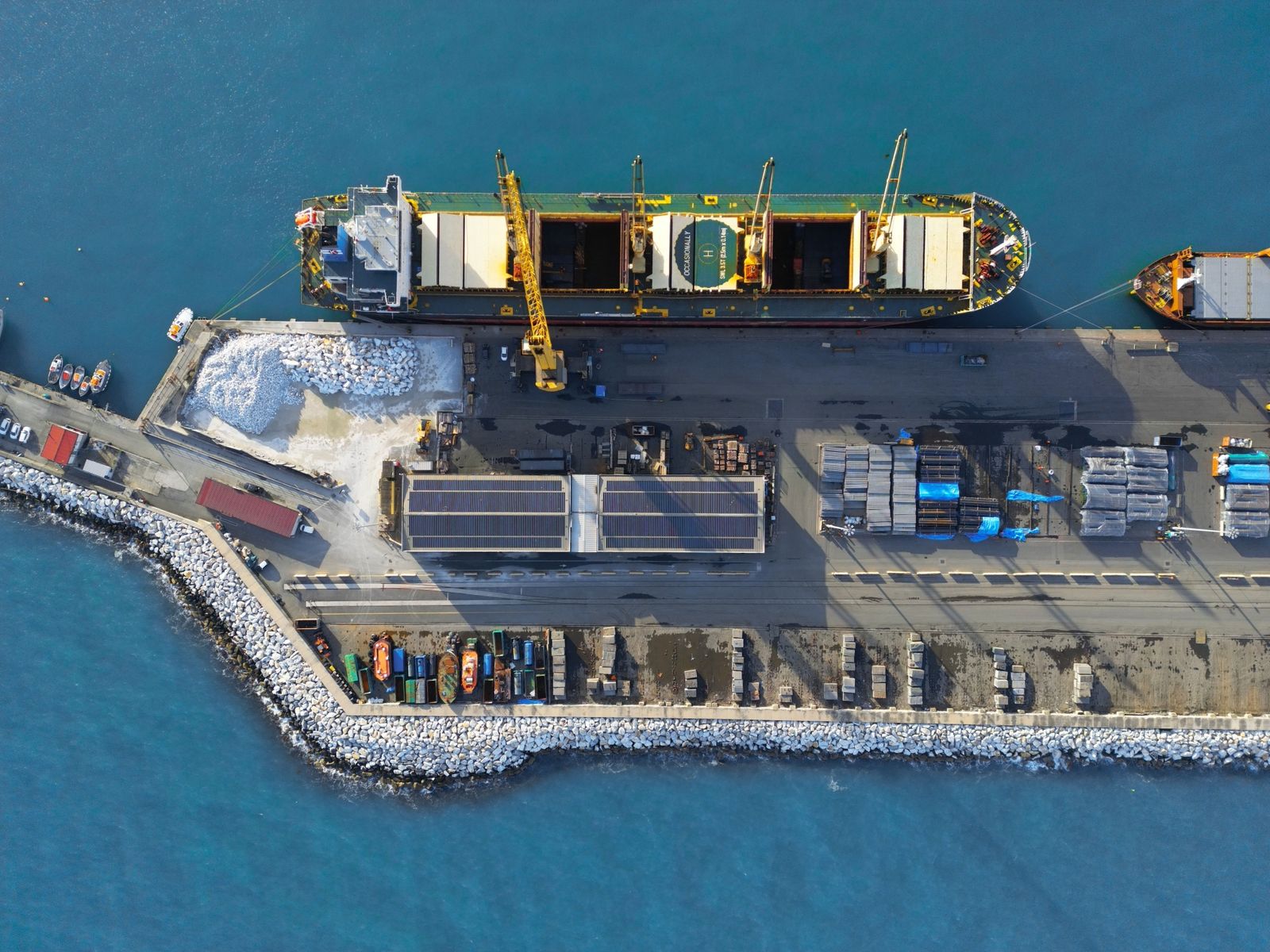 Merchant vessel alongside in port