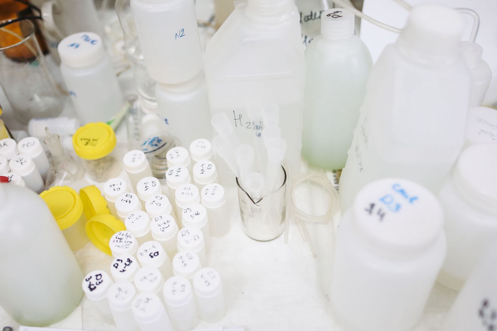 Sample bottles in a fuel testing laboratory